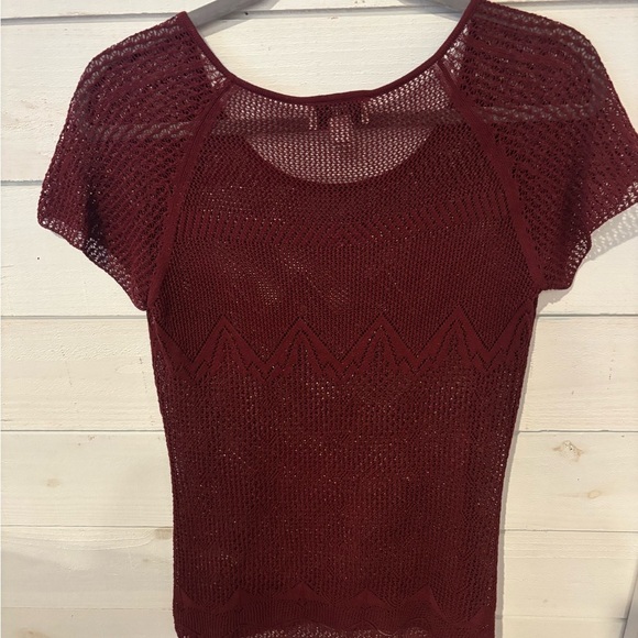 LOFT Burgundy Crochet Knit Short Sleeve Top - Picture 7 of 13